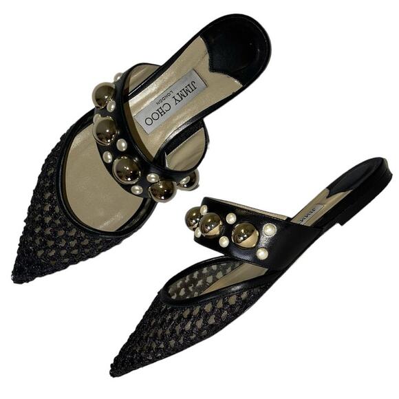 Jimmy Choo Black Basette Pointed Toe Slip On Mules Flats Size 37 - Picture 2 of 15